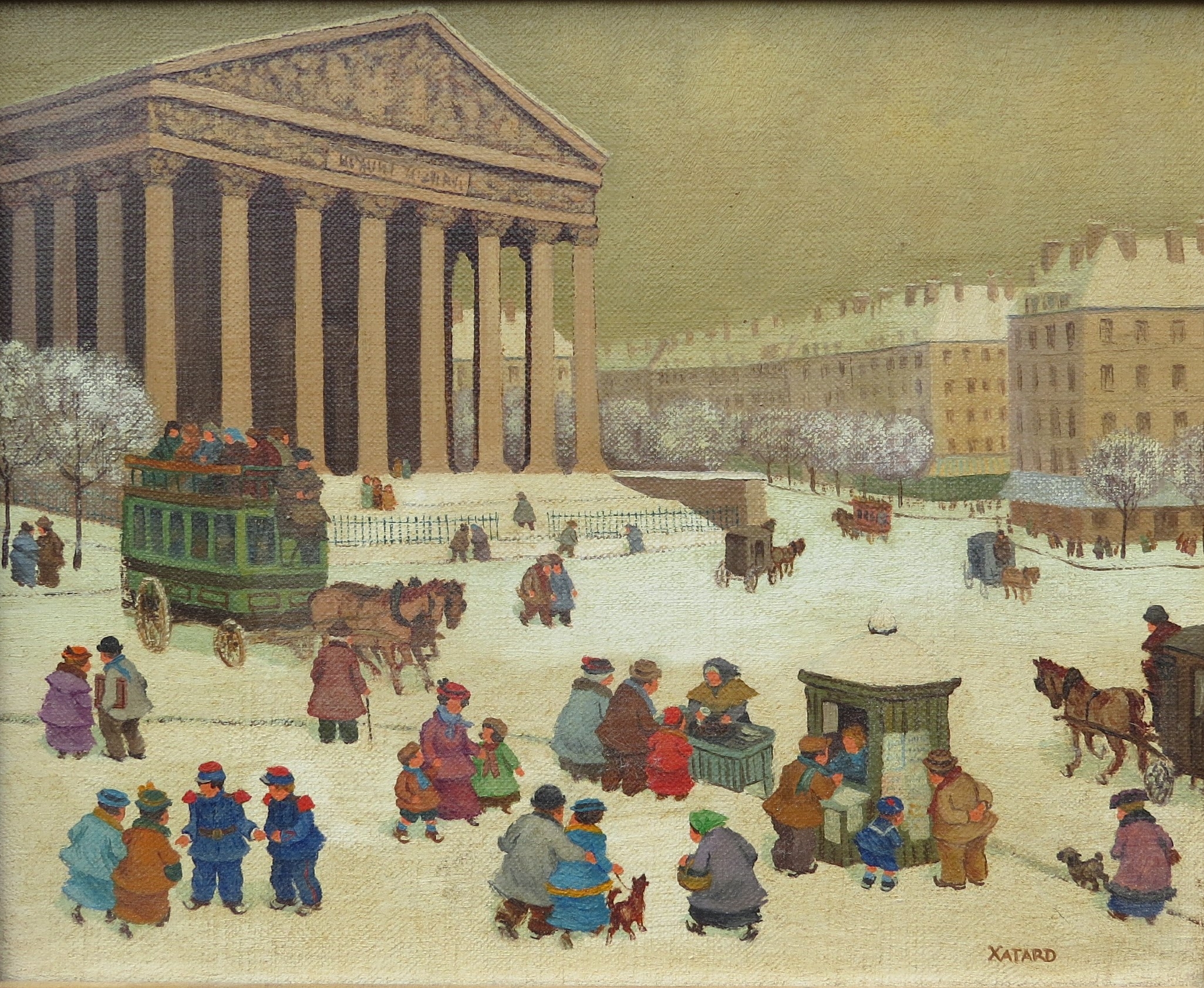 JEAN AXATARD (French b.1931) A gilt framed oil on canvas, figures in a snowy street scene. Signed - Image 2 of 4