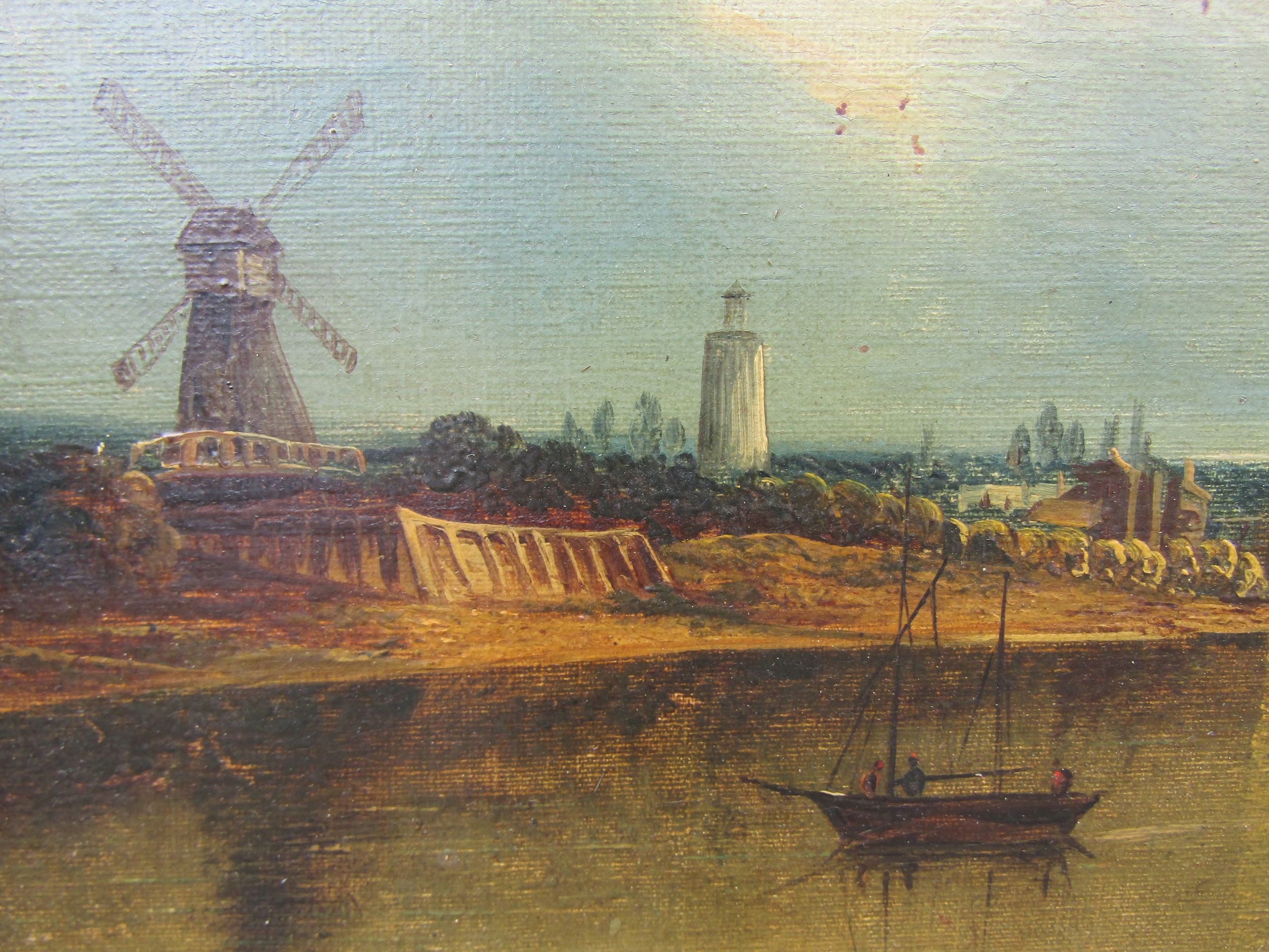 A late 19th Century oil on canvas, Dutch river scene with windmill. Unsigned. Set in an ornate - Image 3 of 5