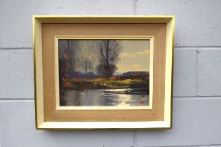 JAMES FRY (1911-1985) A framed palette knife oil on board, 'The River Frome near Holmebridge'.