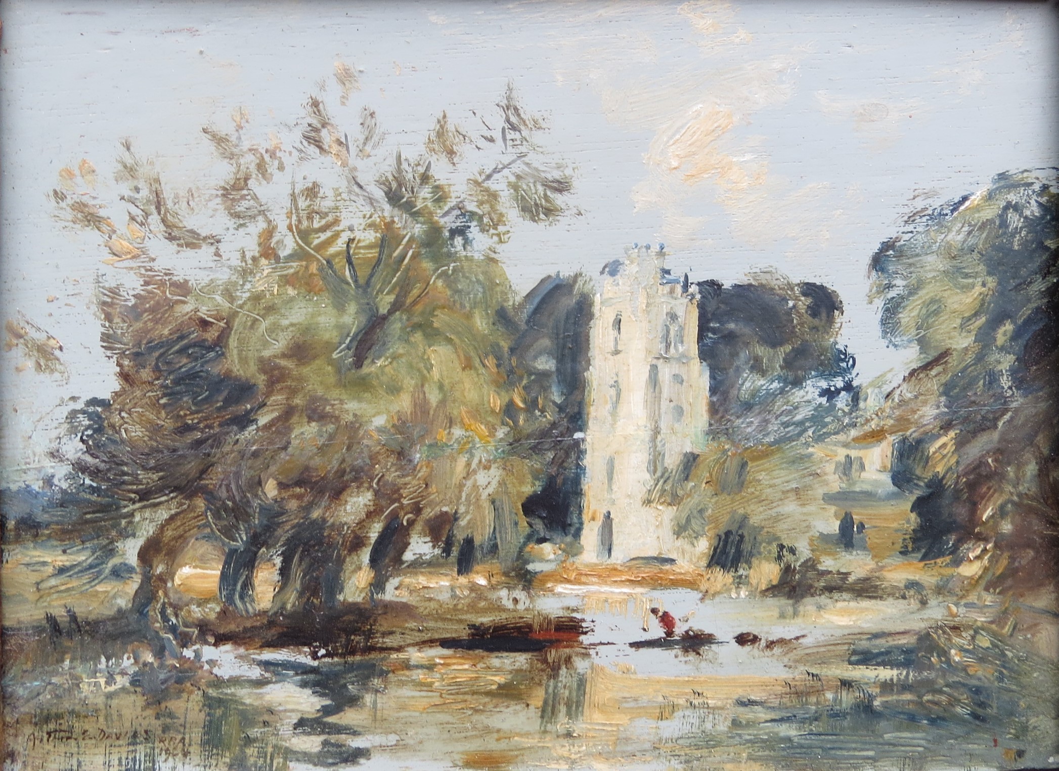 ARTHUR EDWARD DAVIES RBA RCA (1893-1989) An oil on panel depicting Hemingford Grey Church. Signed - Image 2 of 5