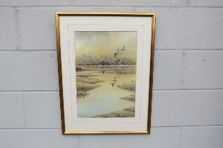 SIMON T. TRINDER (b.1958): A watercolour of A Curfew of Curlew in flight over the Blyth Estuary with