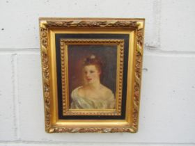 A 19th Century oil on panel, portrait of a young Lady, armourial shield crest top right with '