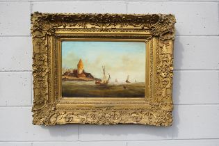 A 19th Century ornate gilt framed oil on canvas of a contintental estuary scene with figures in