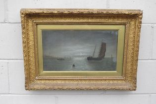 A 19th Century oil on canvas, moonlit scene of figures on boats, ornate gilt frame and glazed. Image