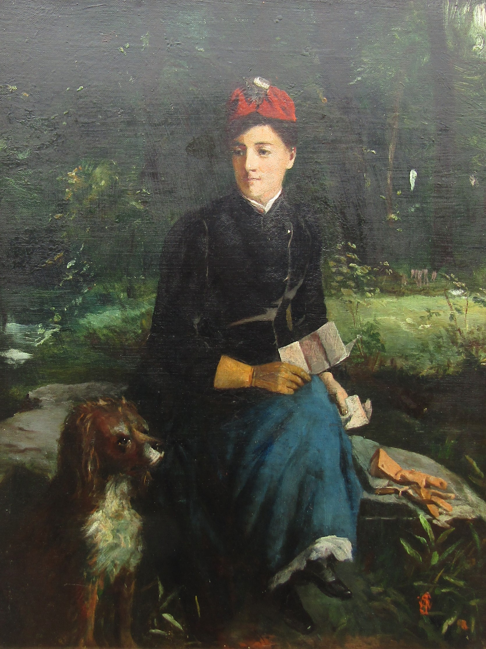 A 19th Century oil on canvas (relined) of a lady seated on a bolder with dog beside her, artists - Image 2 of 5