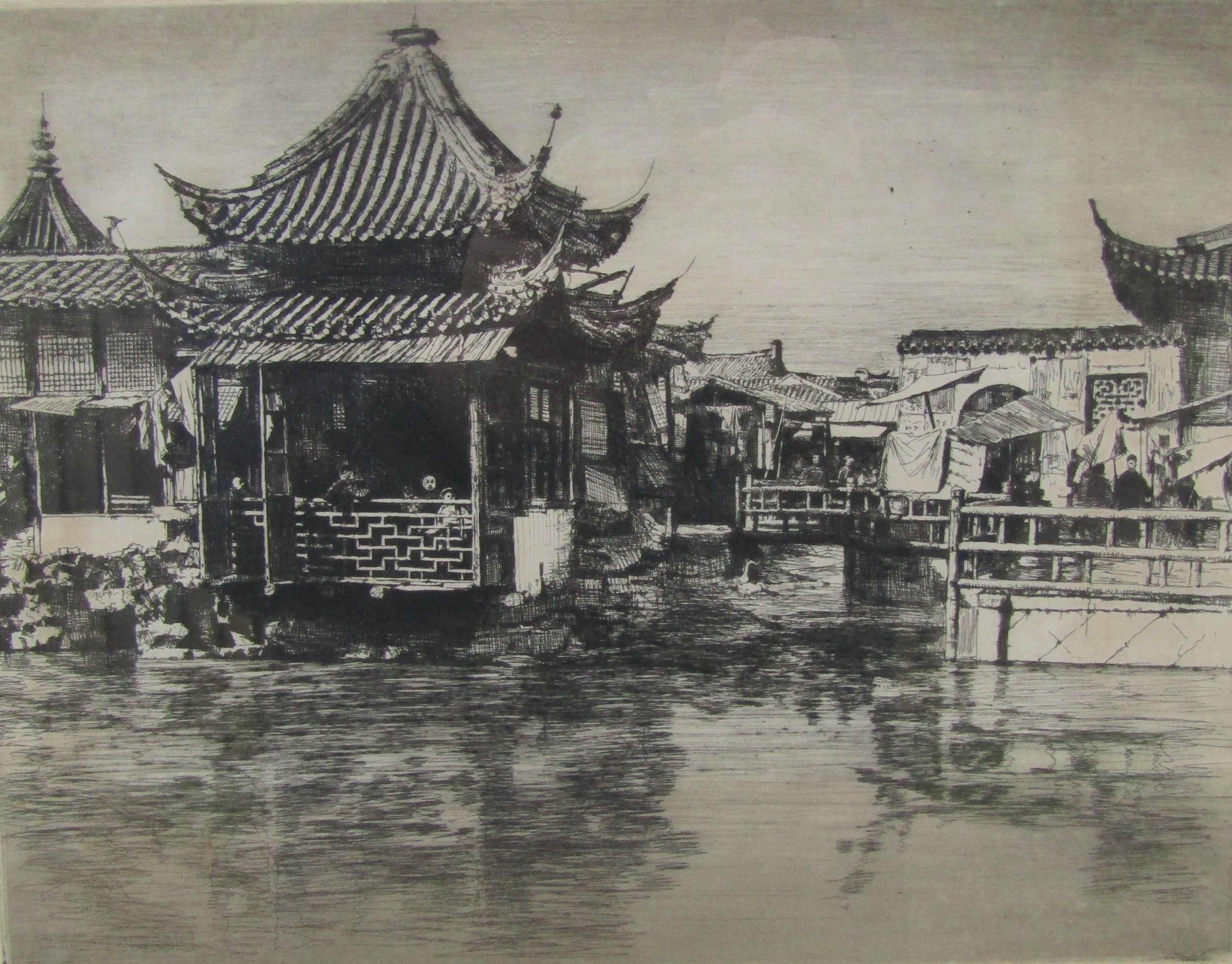 MORTIMER LUDDINGTON MENPES (Australian 1855-1938) 'Tea House, Shanghai' - drypoint etching. Pencil - Image 2 of 5