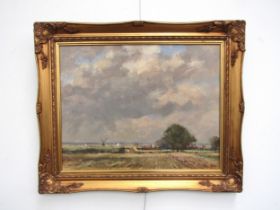 OWEN WATERS (1916-2004) A framed oil on board - Norfolk Broads scene with windmill in distance.