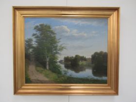 EILER RASMUSSEN EILERSEN (Danish 1827-1912) A gilt framed oil on canvas, Danish riverside path