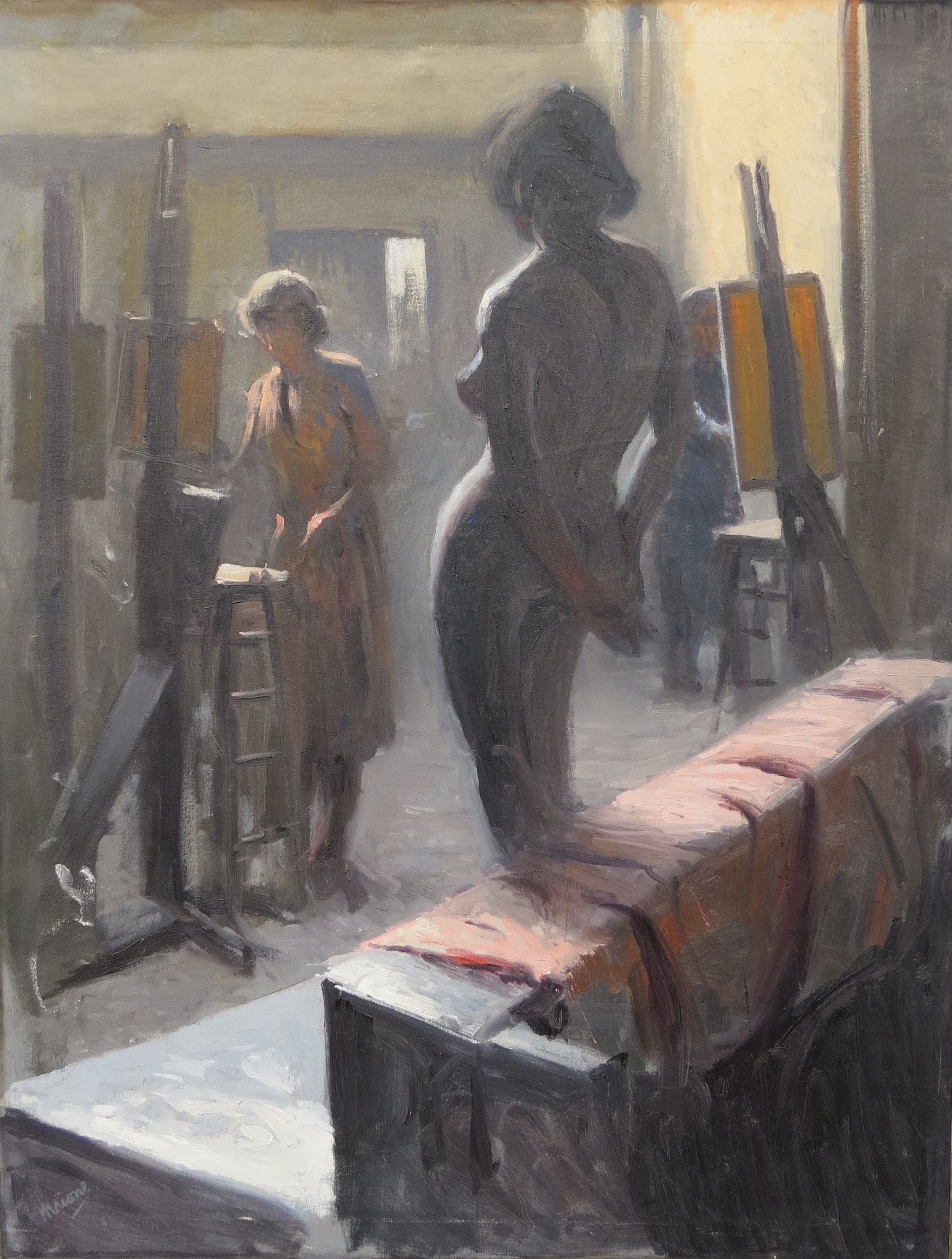 ROBERT MAIONE (American 1932-1987) Oil on canvas of a life drawing art class with female nude. - Image 2 of 7