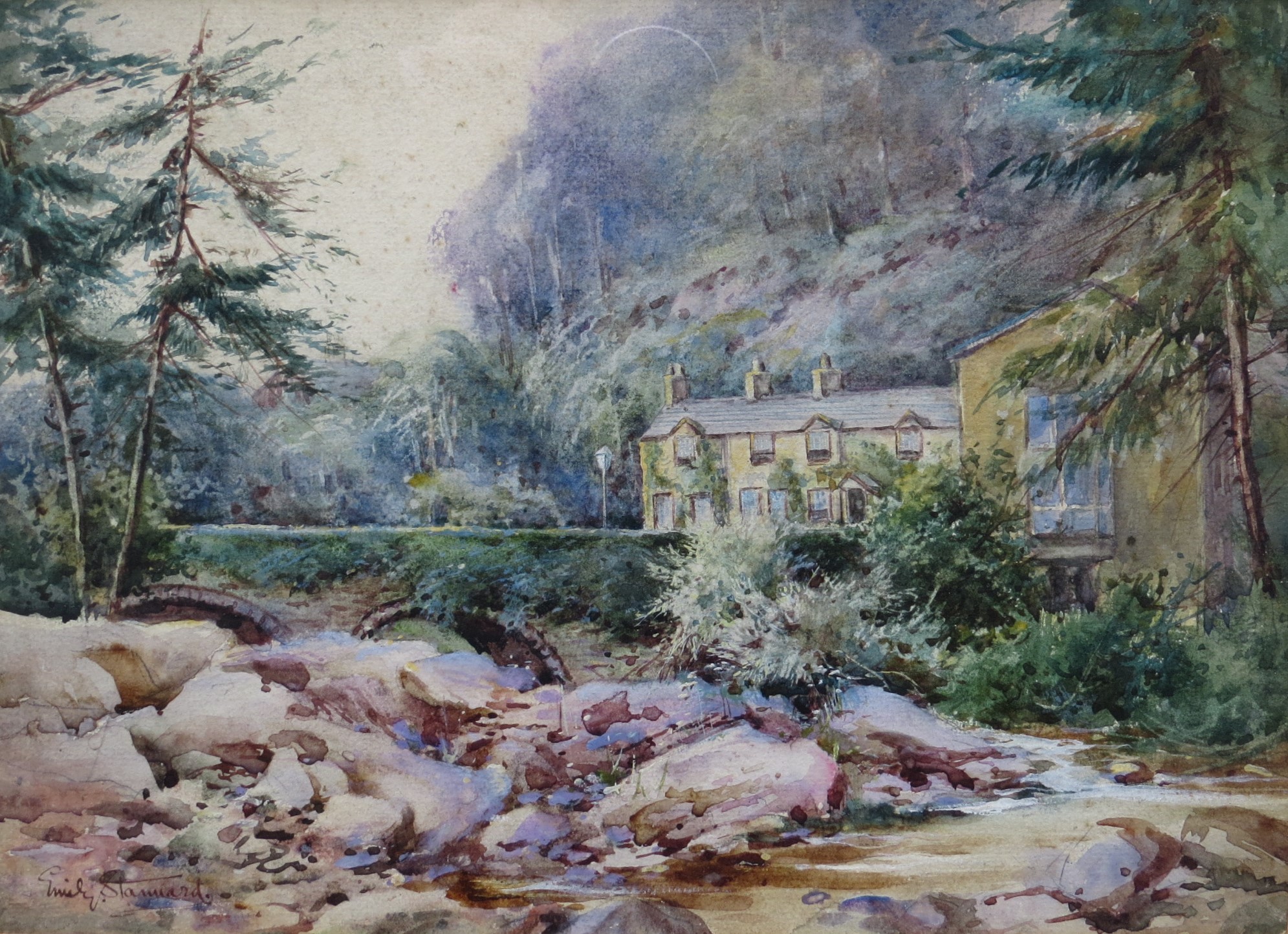 EMILY STANNARD (1875-1907): Watercolour depicting cottages on hillside with river and bridge at - Image 2 of 5