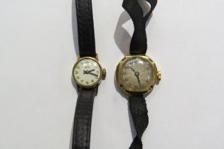 A Rone 9ct gold ladies watch with leather strap and 18ct gold cased ladies watch, strap damaged