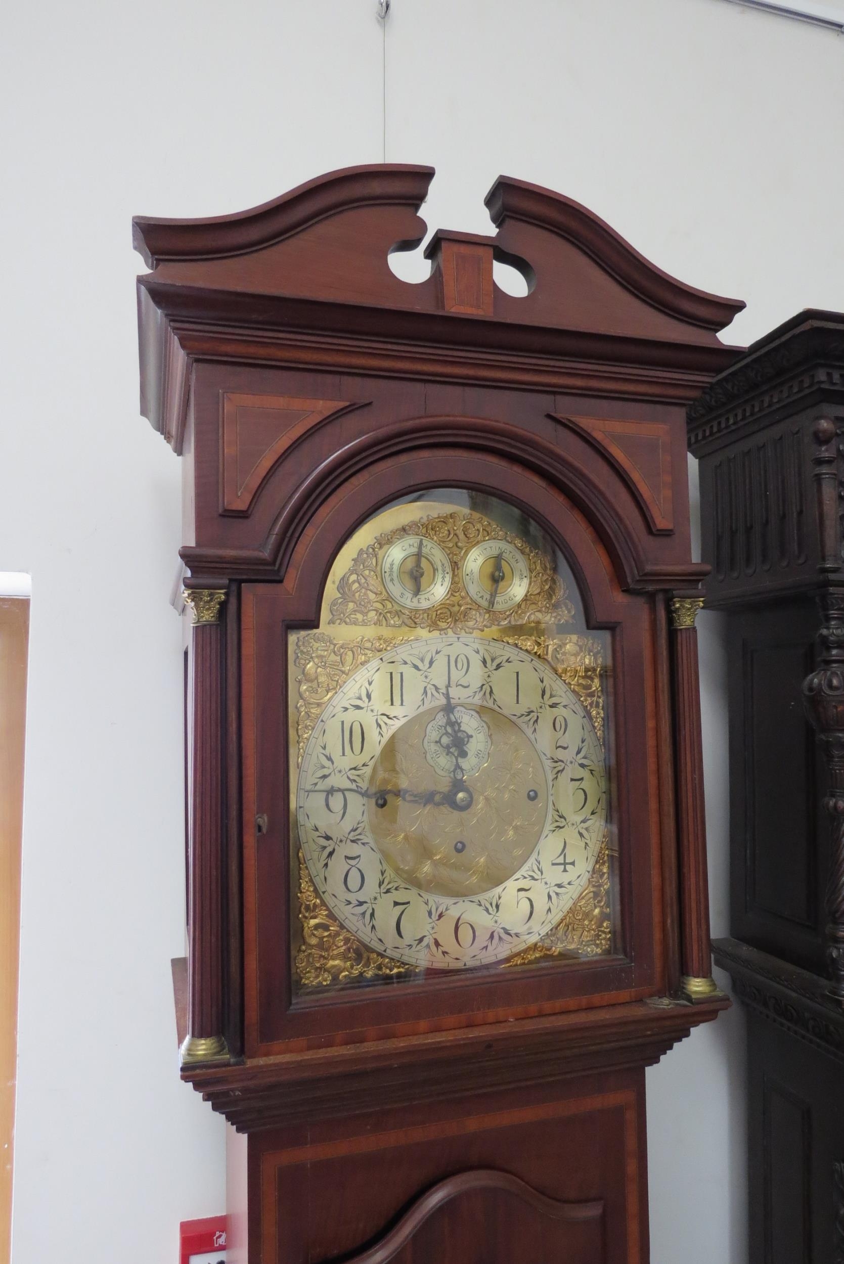 An Edwardian mahogany and inlaid longcase clock with quarterly 8 bell chimes and striking the - Image 6 of 7