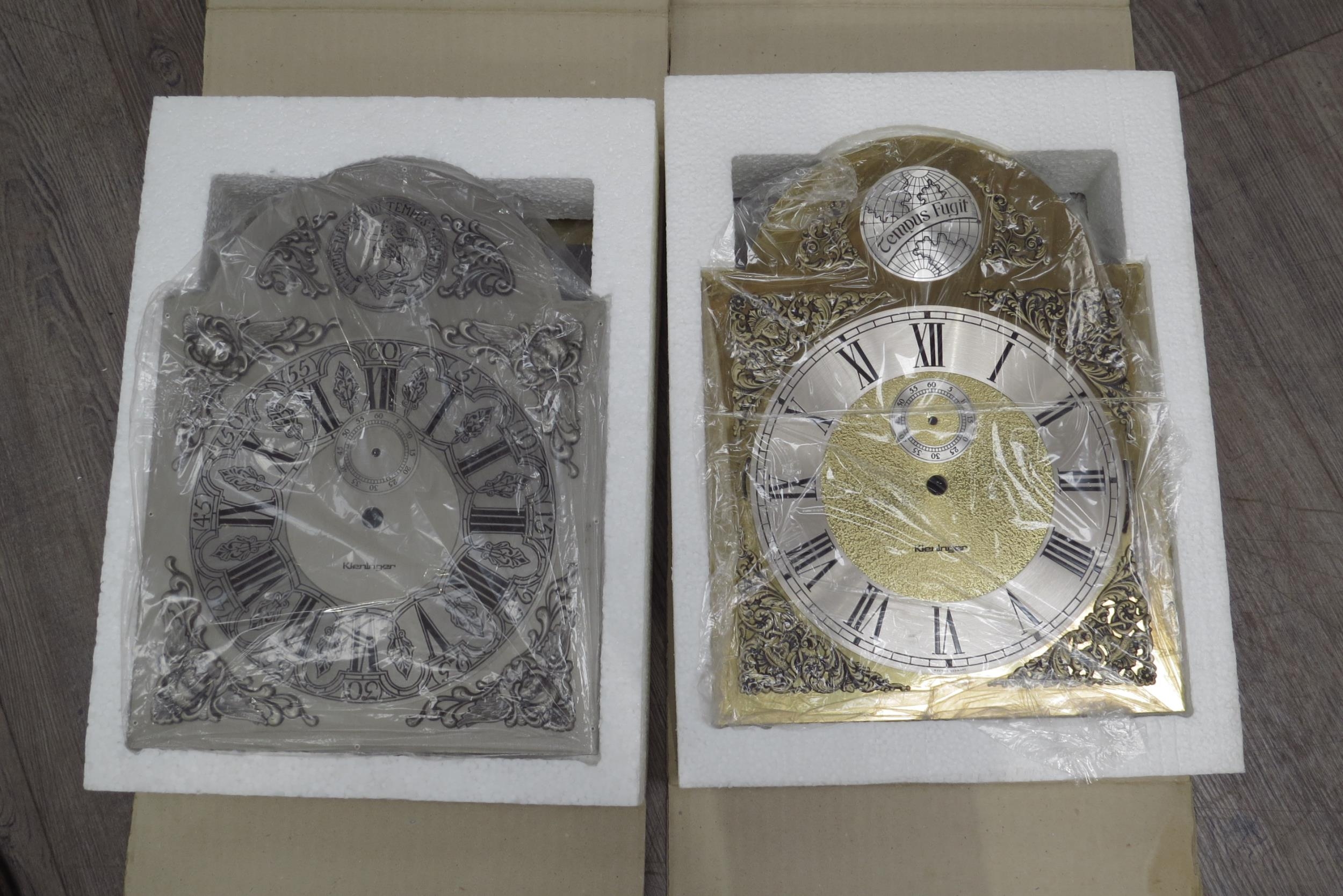 Seven boxed pairs of modern longcase dials, mainly Keininger