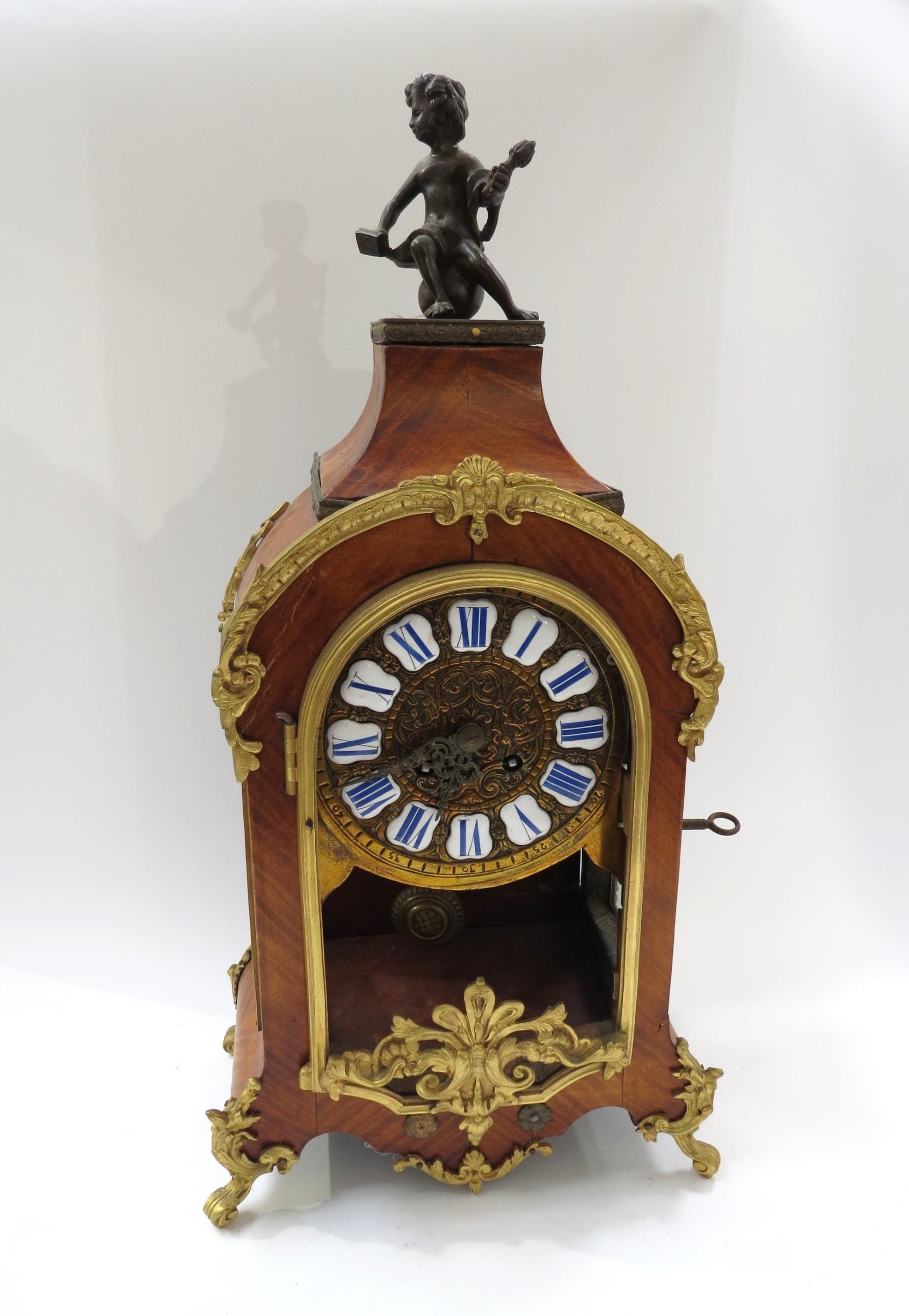 A late 19th Century French walnut and ormolu mounted striking mantel clock with ROman enamel - Image 2 of 8
