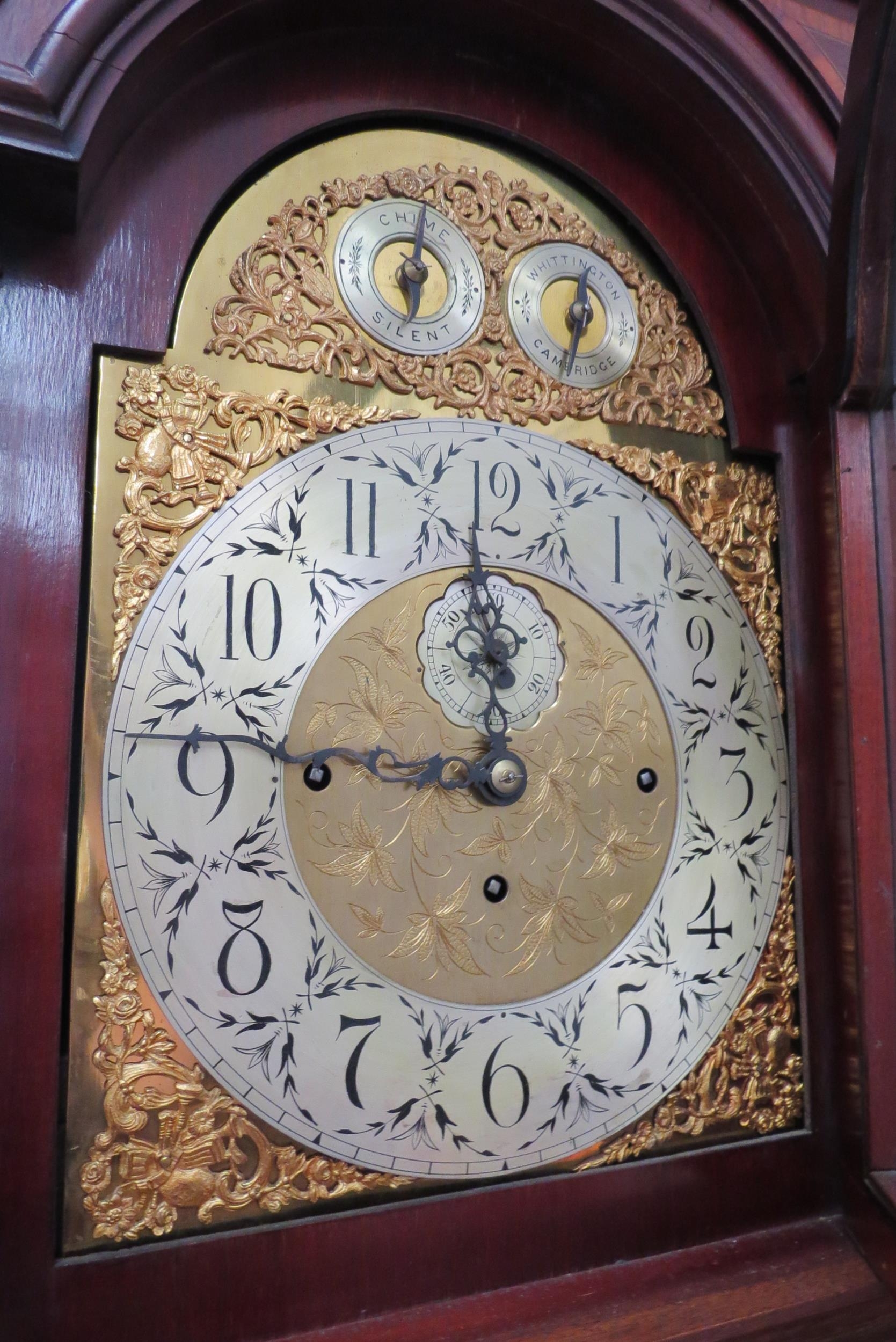 An Edwardian mahogany and inlaid longcase clock with quarterly 8 bell chimes and striking the - Image 7 of 7