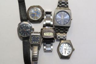 Six retro wristwatches quartz and mechanical movements including two without straps. Brands such