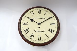 A mahognay cased English fusee dial clock, painted Roman dial signed Otto Wherle, Cambridge. No