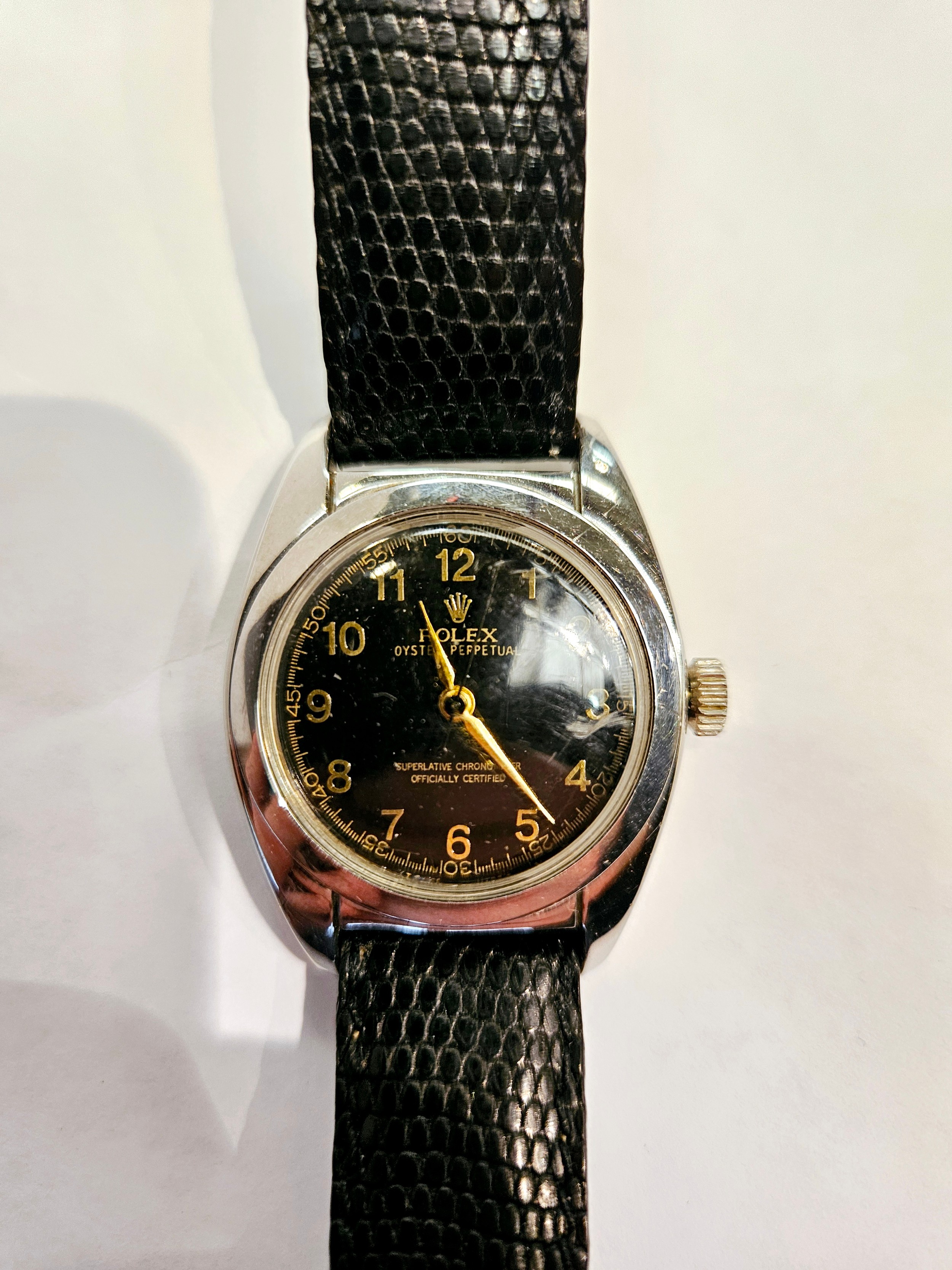 Circa 1950s Rolex Oyster Perpetual with black dial and bubble back, No. 5015, 545383 on leather - Image 2 of 7