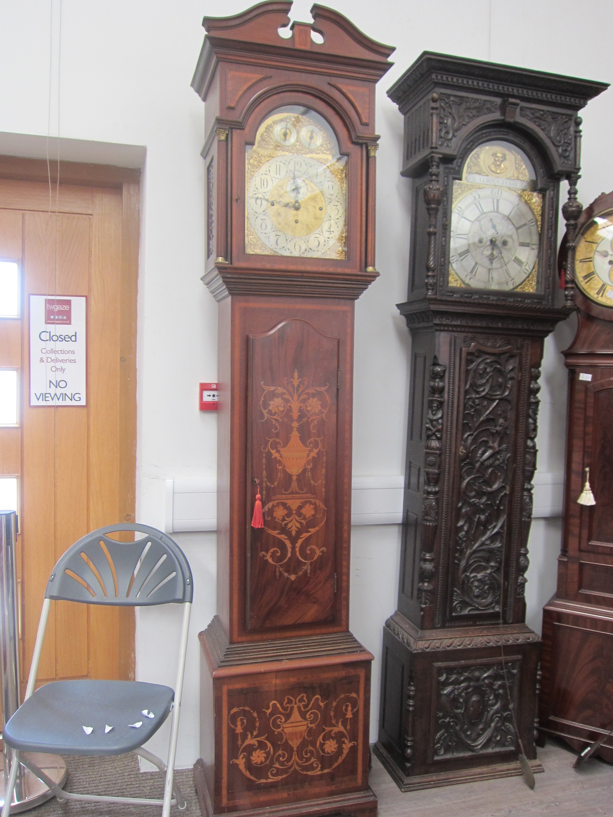 An Edwardian mahogany and inlaid longcase clock with quarterly 8 bell chimes and striking the - Image 5 of 7