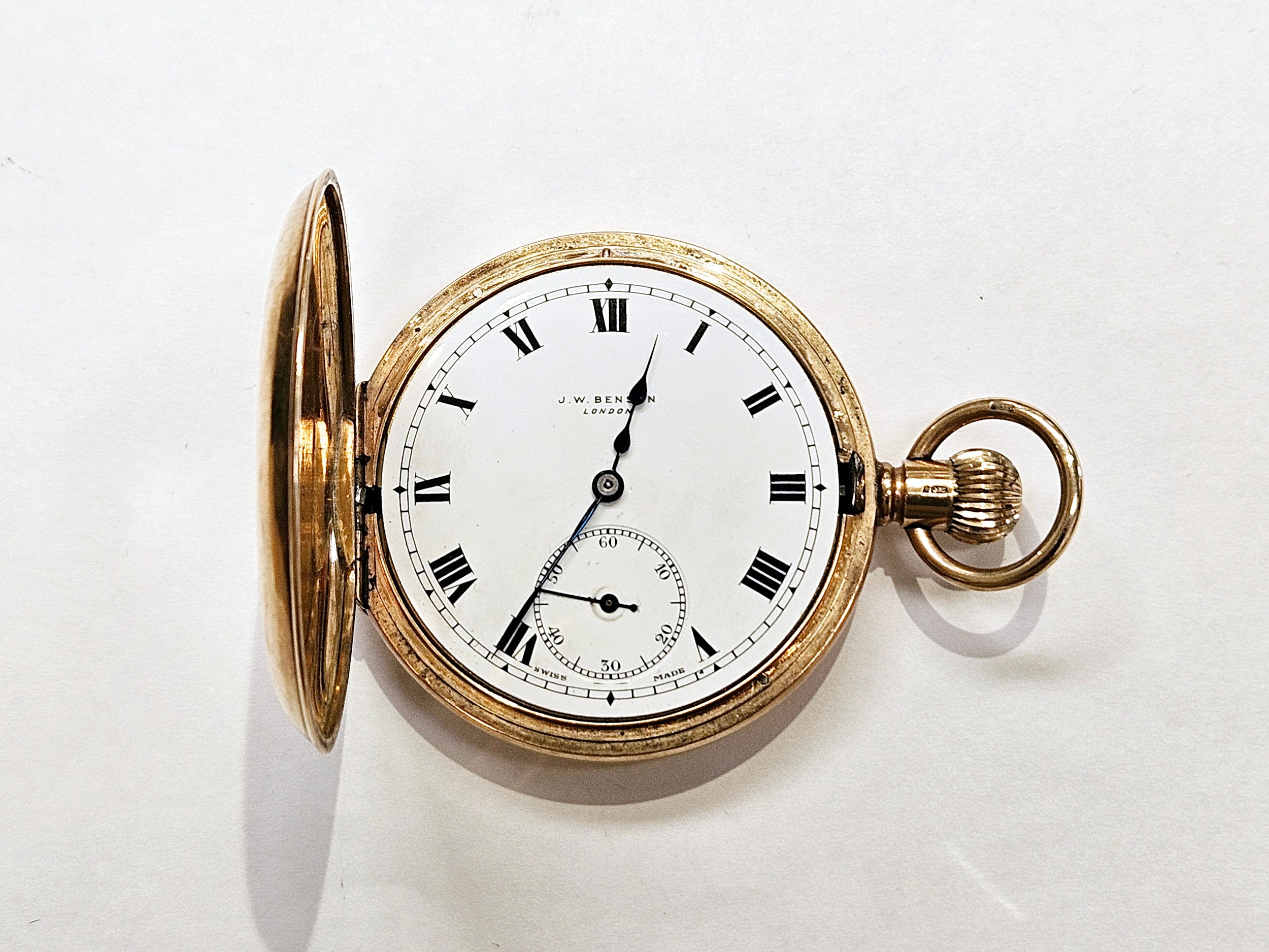 A J W BENSON, London 9ct gold cased half hunter pocket watch, white dial, Roman numerals, subsidiary - Image 3 of 7