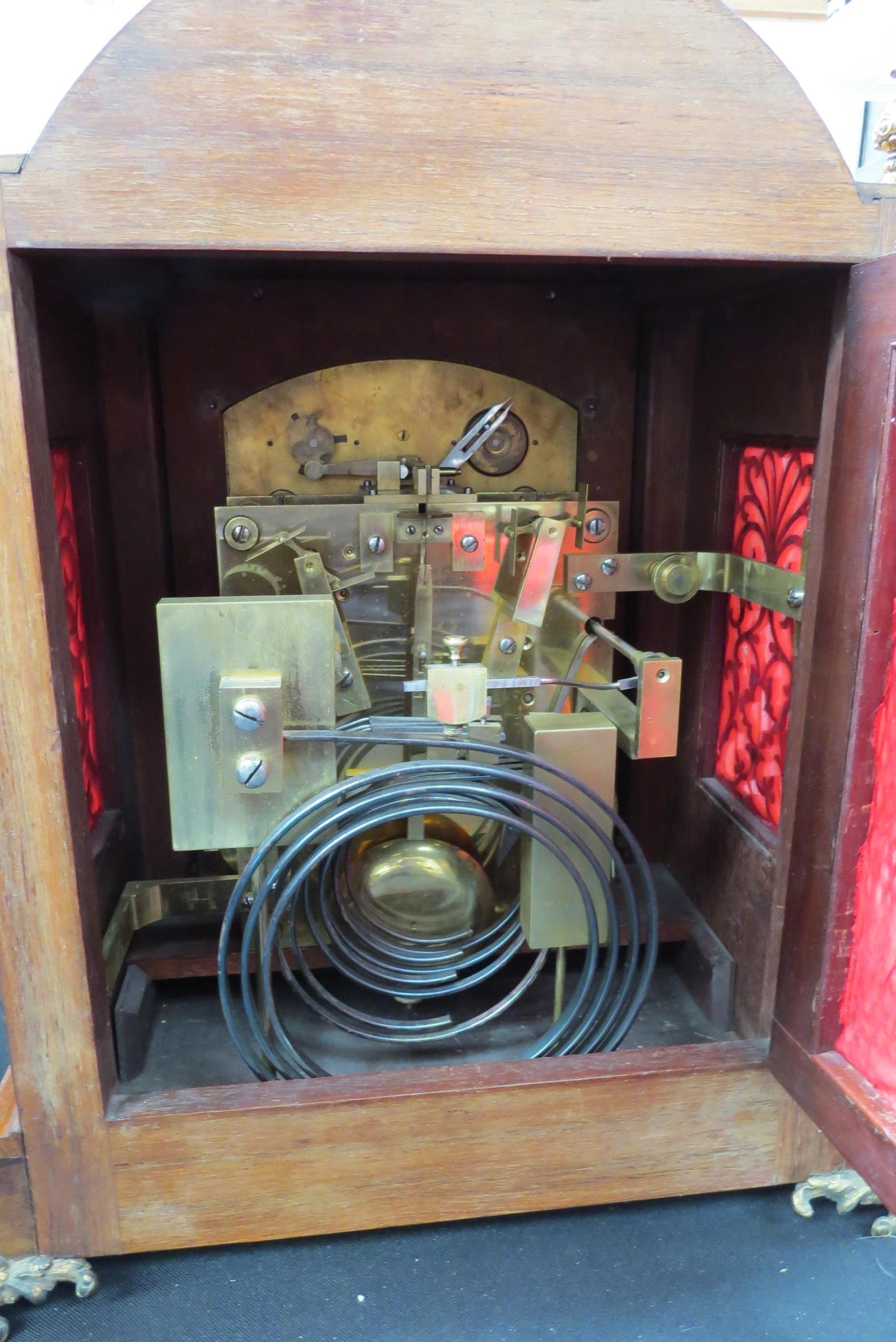 A late 19th Century oak and inlaid bracket clock with silvered Roman chapter ring over gilded - Image 9 of 10