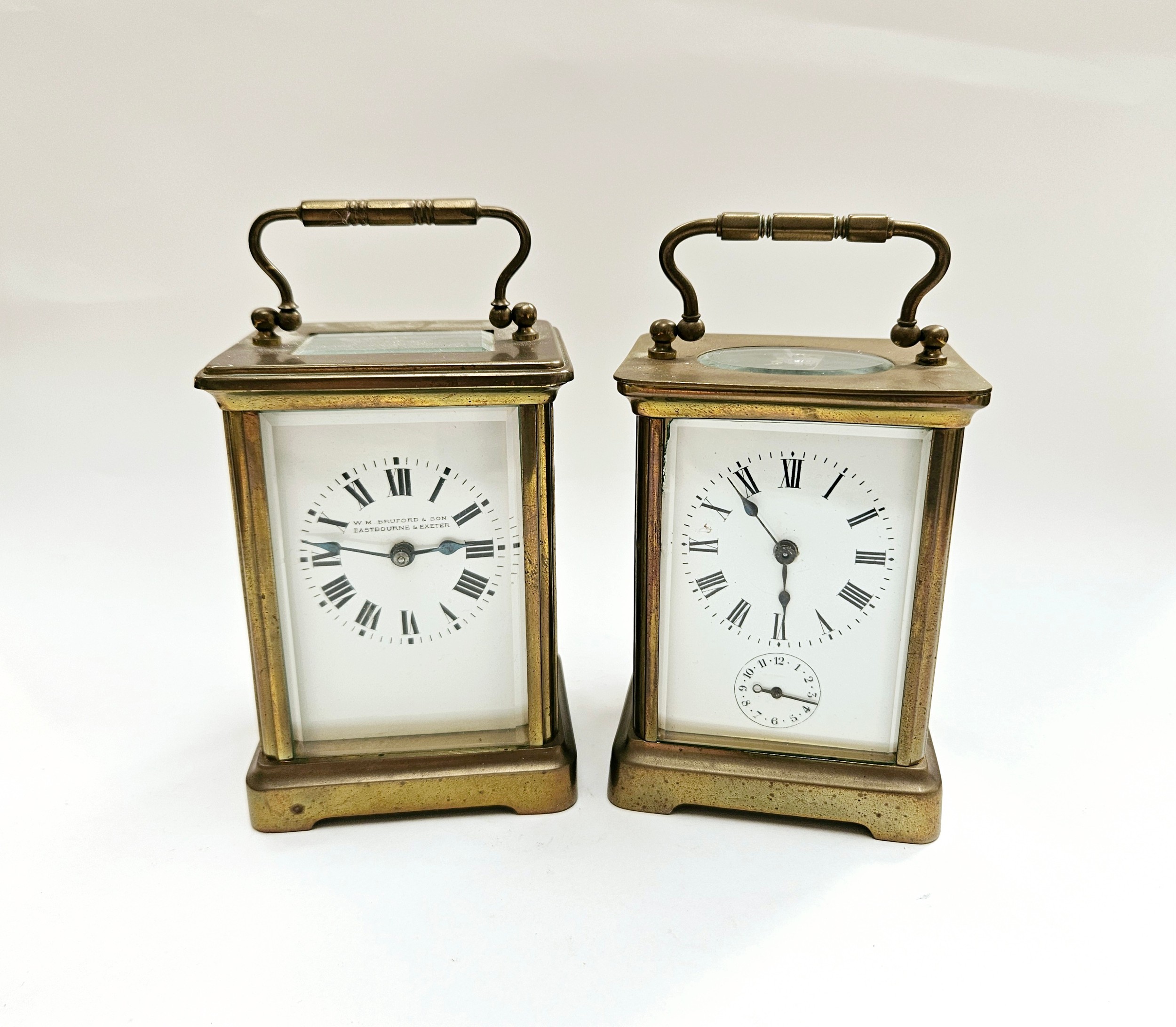 Two French carriage timepieces, one with cylinder escapement, the other with alarm and lever