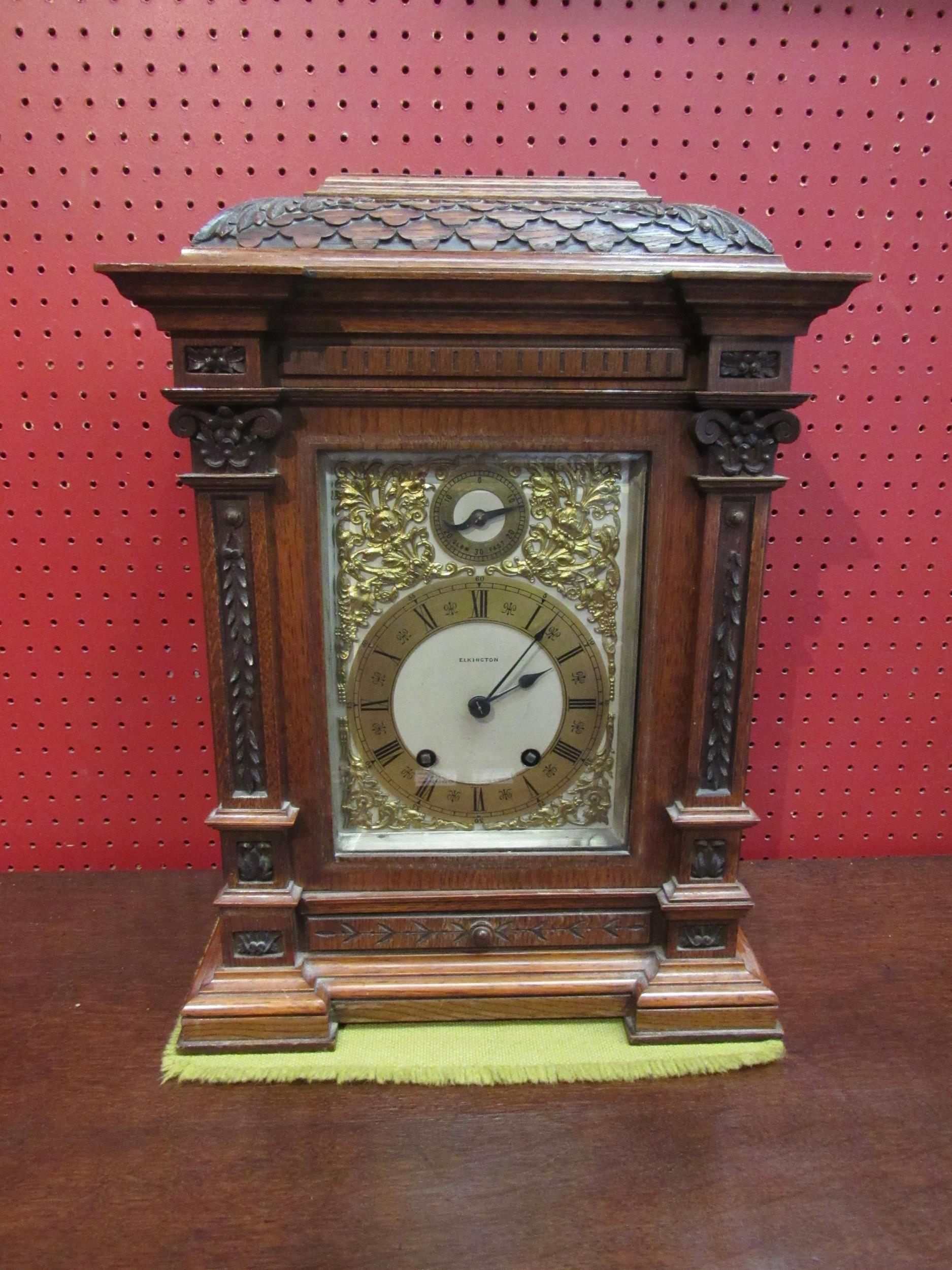 A Mahogany Elkington & Co. bracket clock, carved case and column form front, ornate decoration to - Image 2 of 7