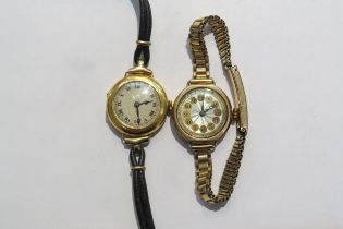 A Record Swiss 18ct gold cased ladies wristwatch with leather strap and 9ct gold cased watch with