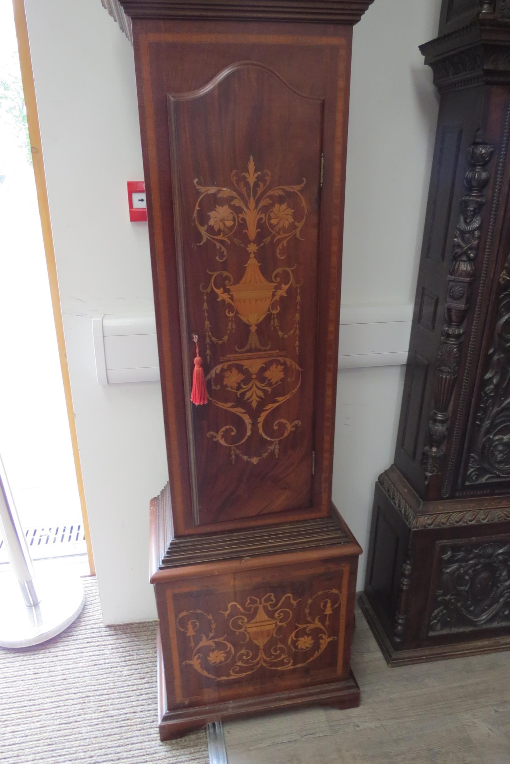 An Edwardian mahogany and inlaid longcase clock with quarterly 8 bell chimes and striking the - Image 4 of 7