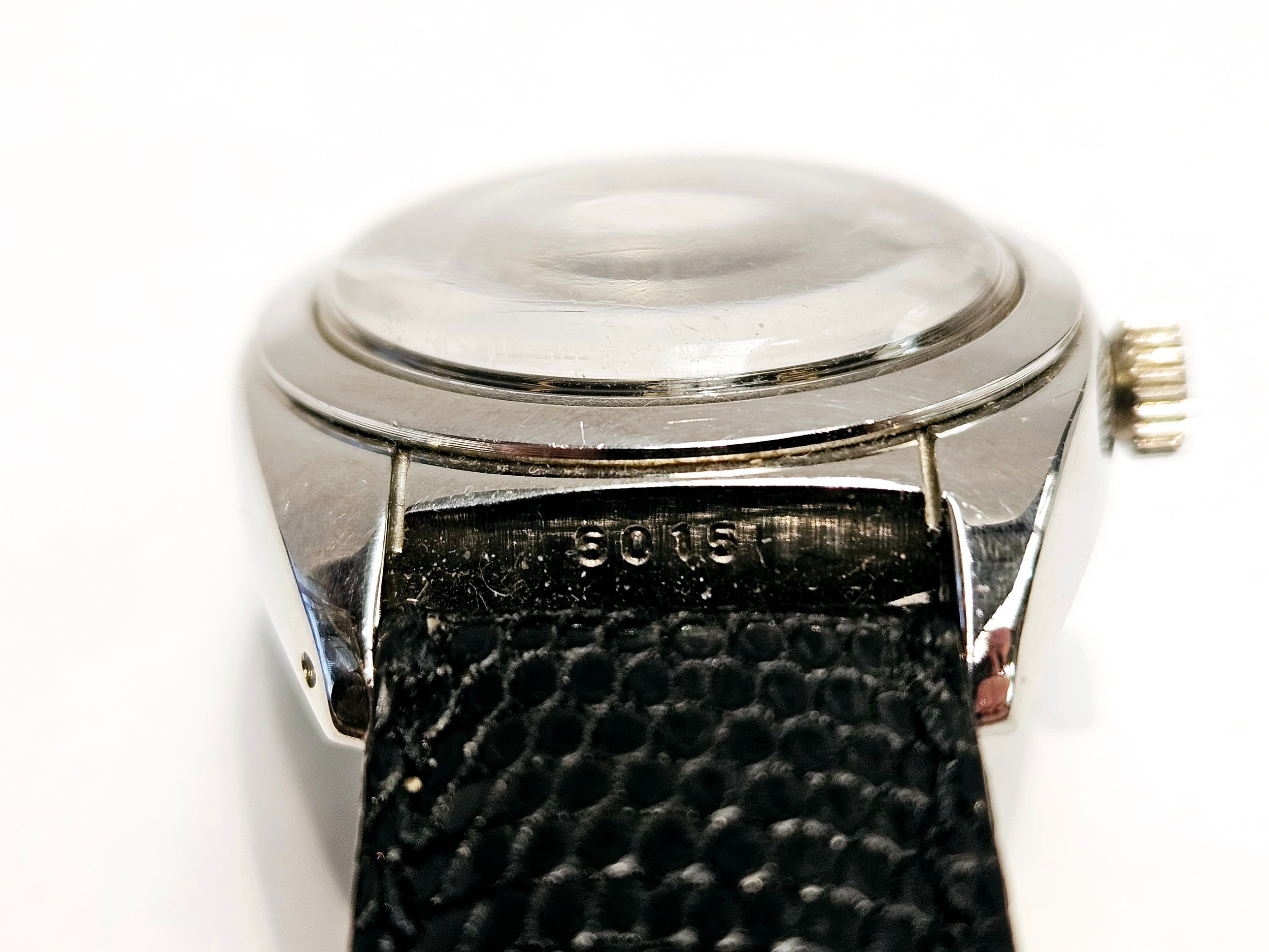 Circa 1950s Rolex Oyster Perpetual with black dial and bubble back, No. 5015, 545383 on leather - Image 3 of 7