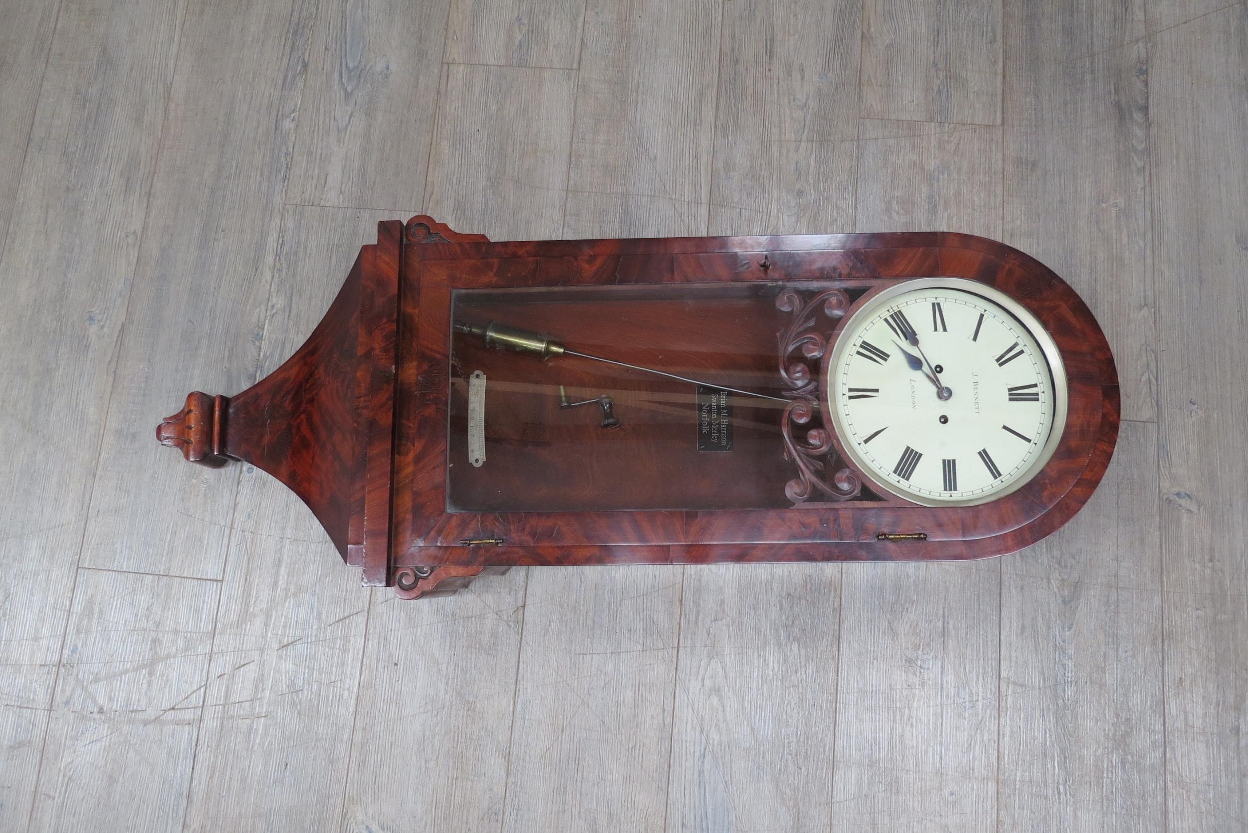 A mid 19th Century flame mahogany and glazed door wall clock, painted metal Roman dial (10" dial) - Image 4 of 8