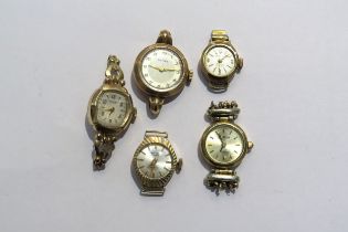 Five 9ct gold ladies watches no straps, Gross weight 41g