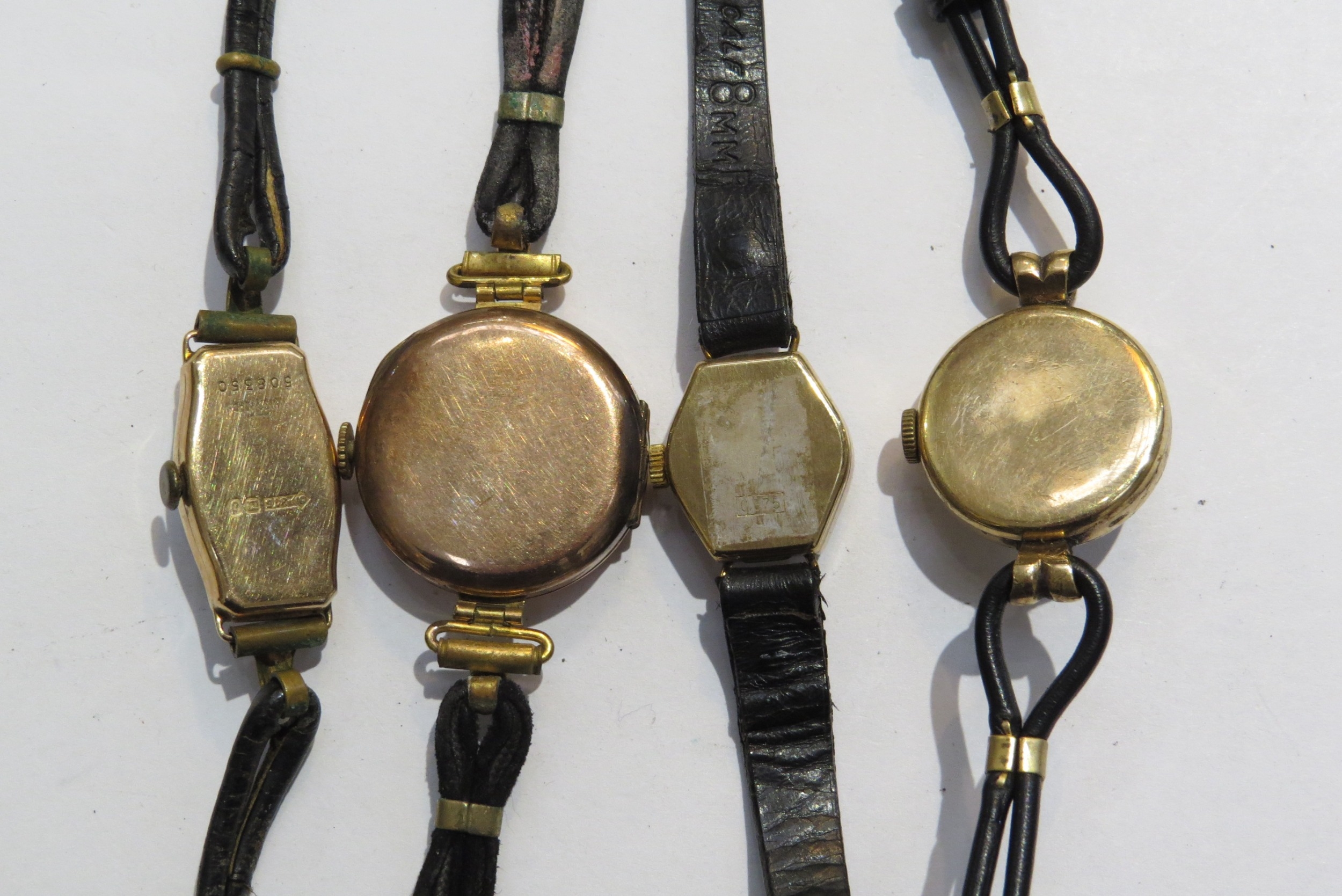 Four 9ct gold cased ladies wristwatches with leather straps including brands such as Imado and - Image 2 of 7