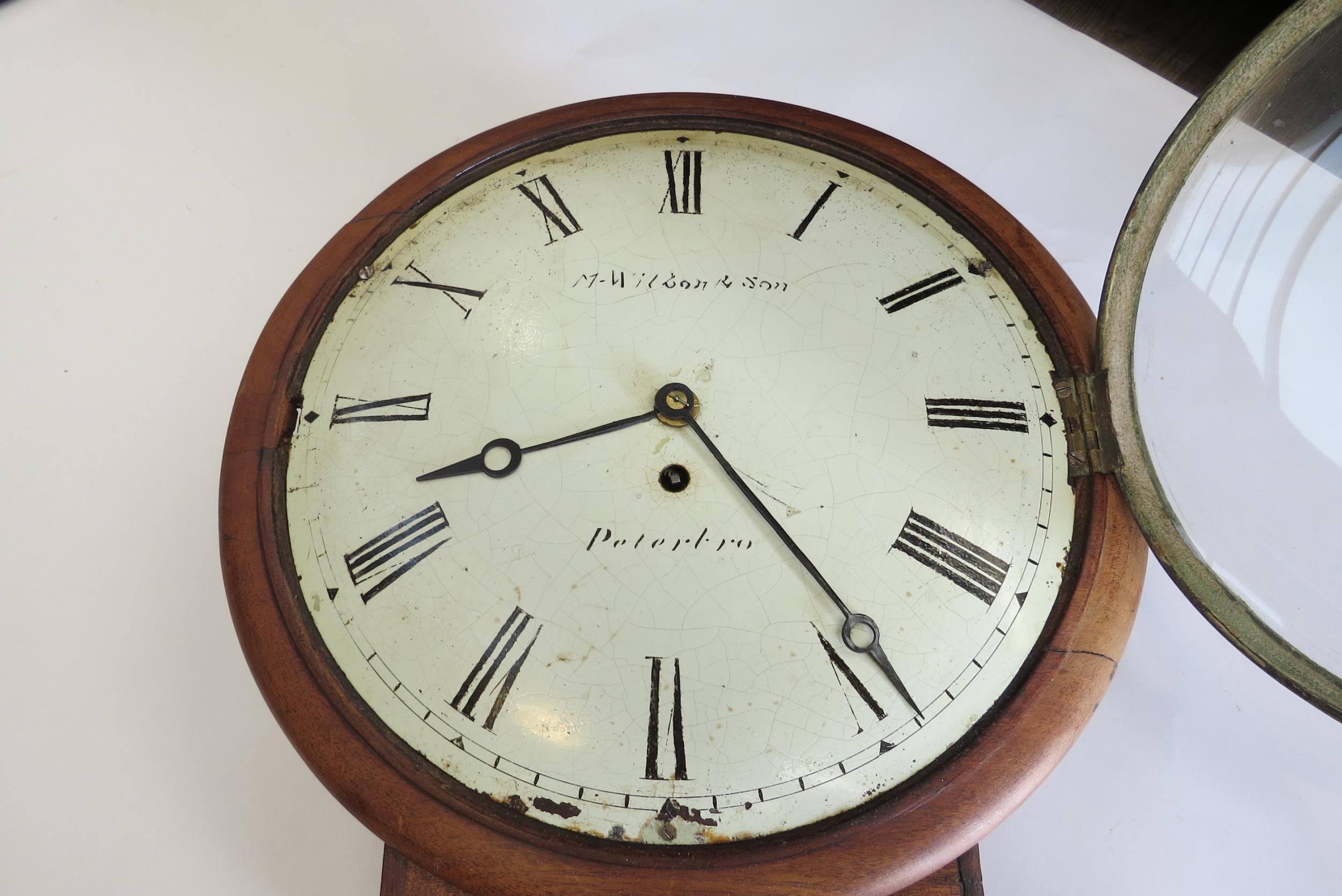 A Georgian M Wilson & Son, Peterborough single fusee drop dial wall clock, dial shows flaking. 12 - Image 2 of 3