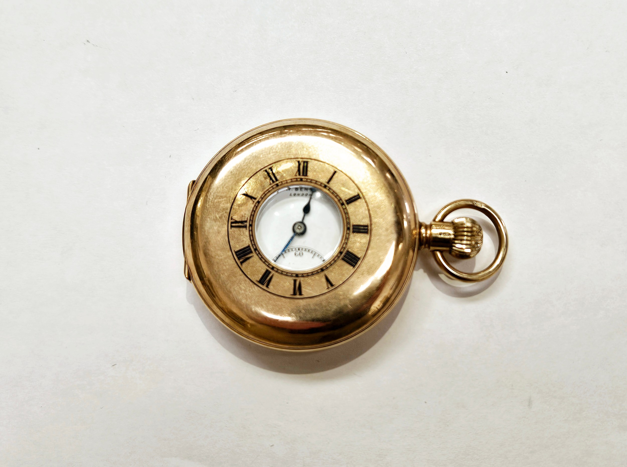 A J W BENSON, London 9ct gold cased half hunter pocket watch, white dial, Roman numerals, subsidiary