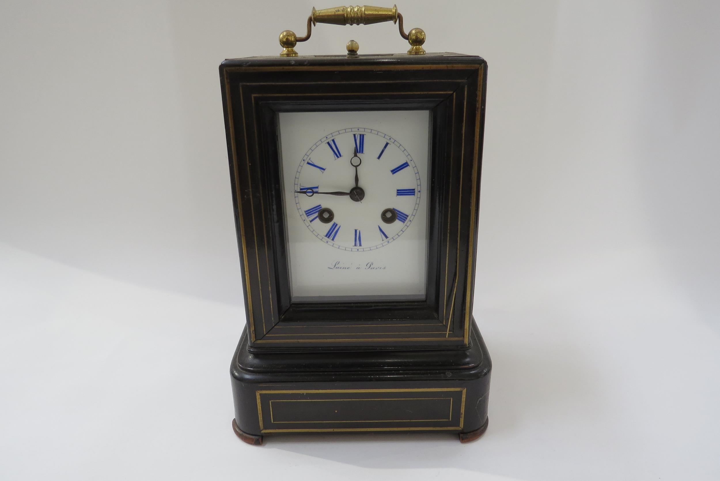 Laine a Paris two train mantel/bracket clock striking on a bell in mahogany and brass inlaid case, - Image 2 of 9