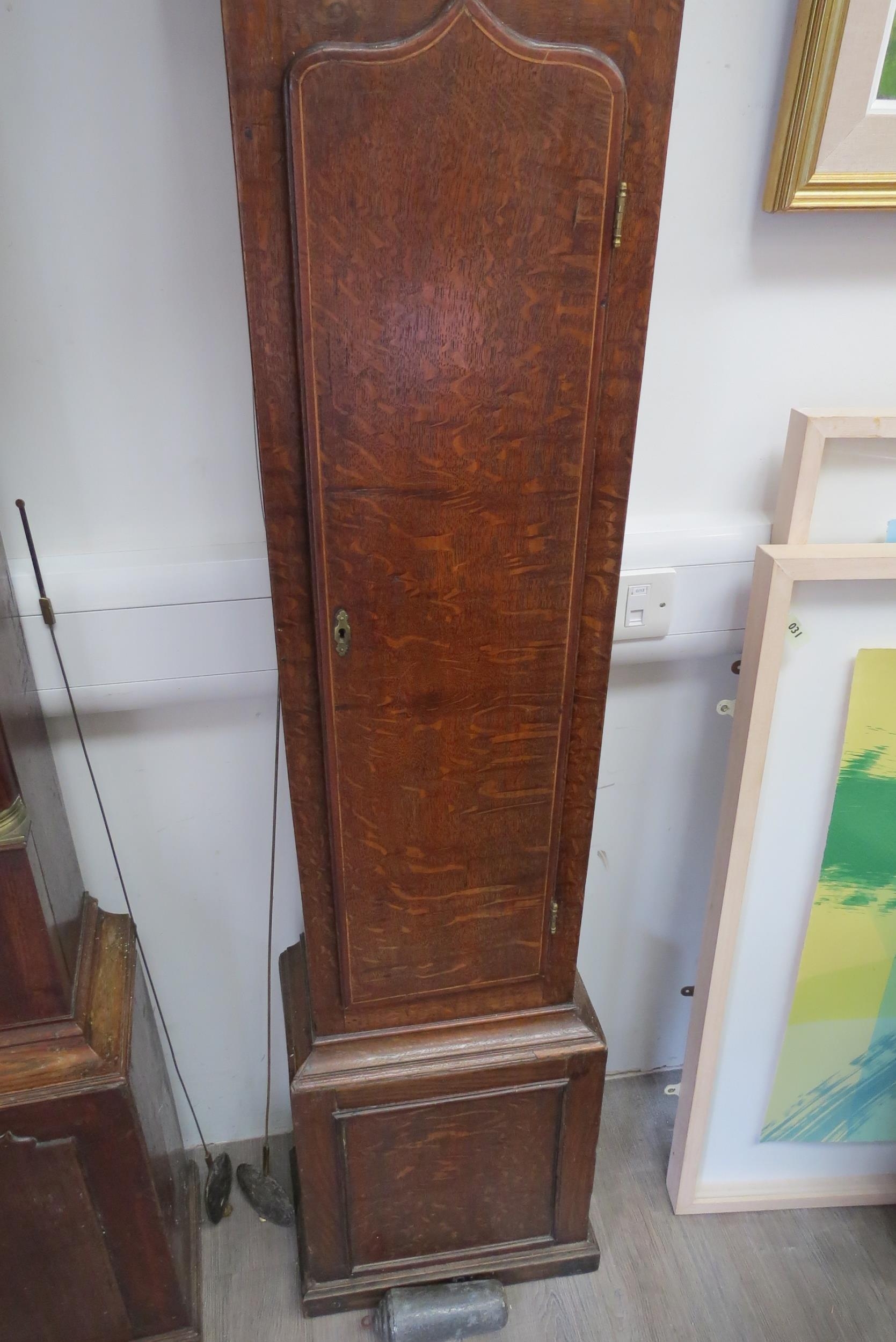 An 18th Century 30-hour longcase clock in oak case. Brass 11" dial with mask spandrels and Roman - Image 3 of 4