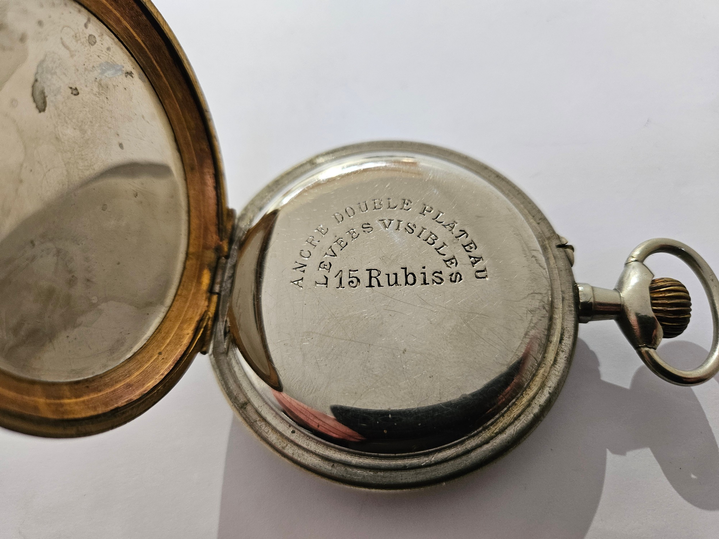 A large Ancre Double Plateau Levees Visibles 15 Rubis pocket watch, engraving to back - Bild 3 aus 4