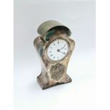 A Douglas Clocks Co Limited silver mantel clock with armoured crest, Birmingham 1904, 16.5cm x 9.2cm