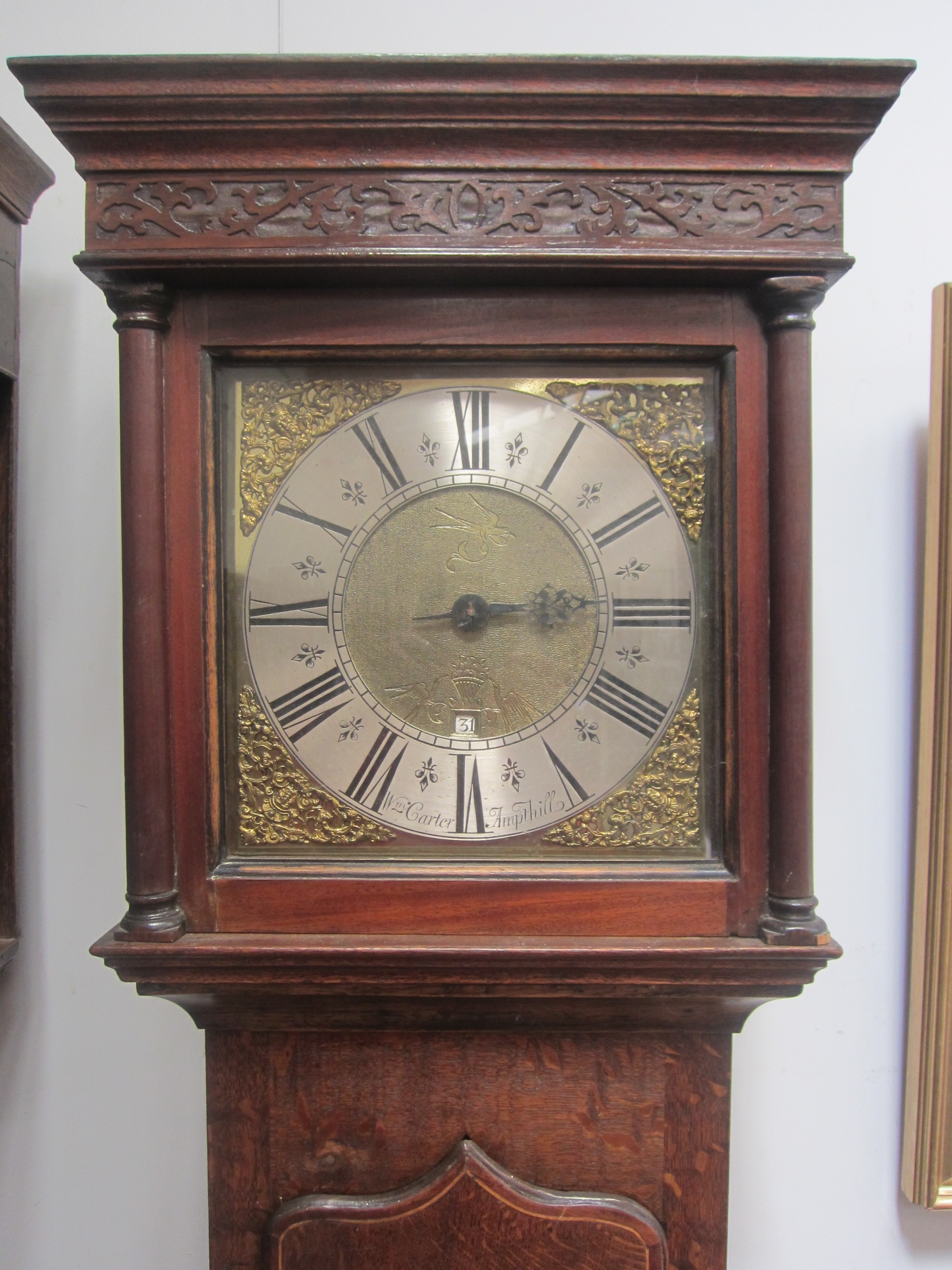 An 18th Century 30-hour longcase clock in oak case. Brass 11" dial with mask spandrels and Roman - Image 2 of 4