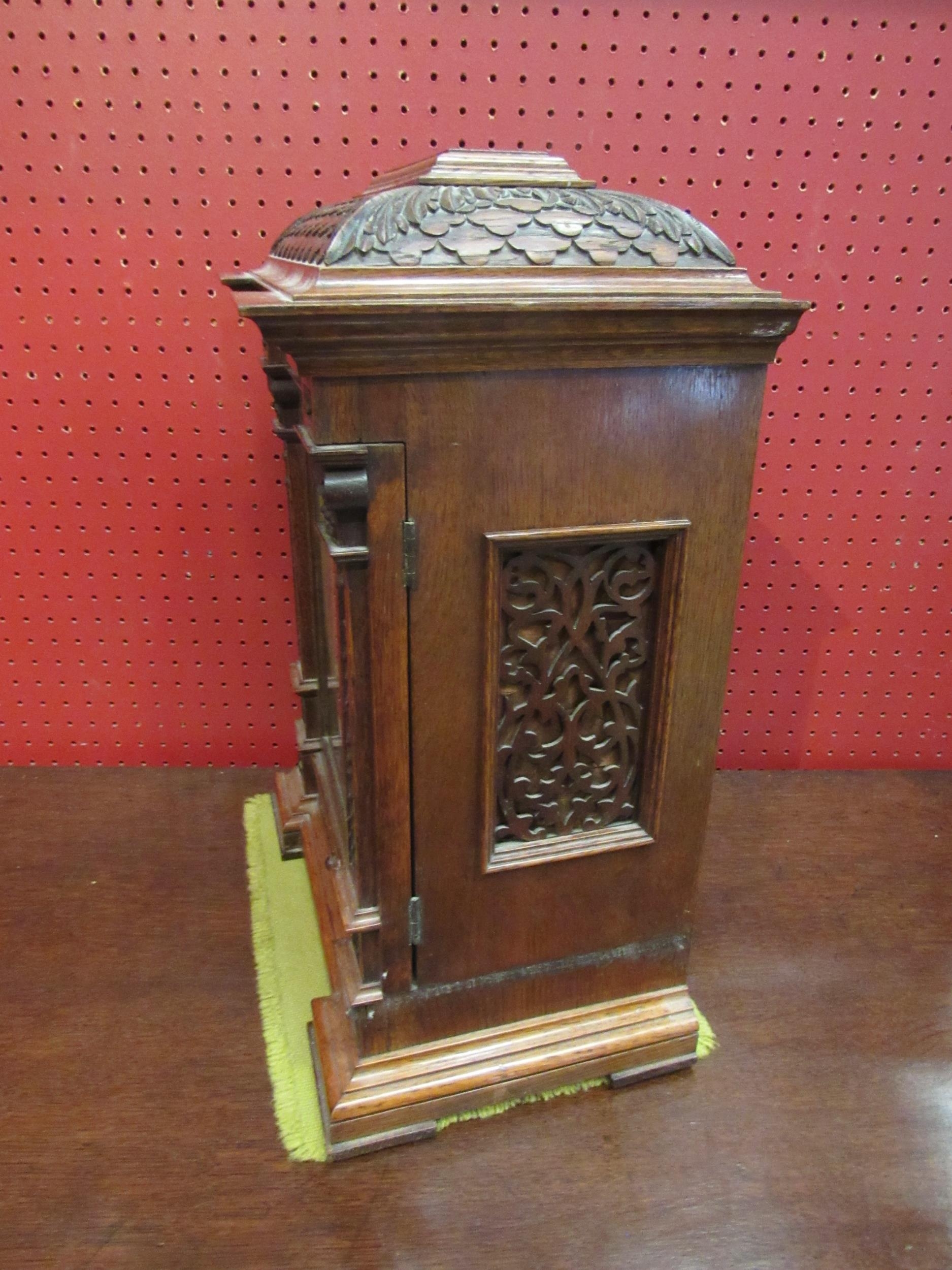 A Mahogany Elkington & Co. bracket clock, carved case and column form front, ornate decoration to - Image 5 of 7