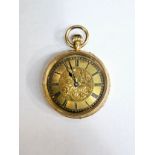 An 18ct gold cased pocket watch with engraved case and centre face, Roman numeral chapter ring.