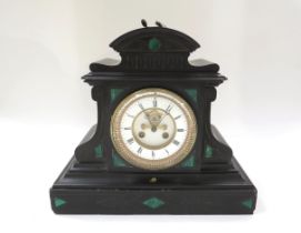 A circa 1900 French slate mantel clock with inlay, visible escapement striking hours and half hours.