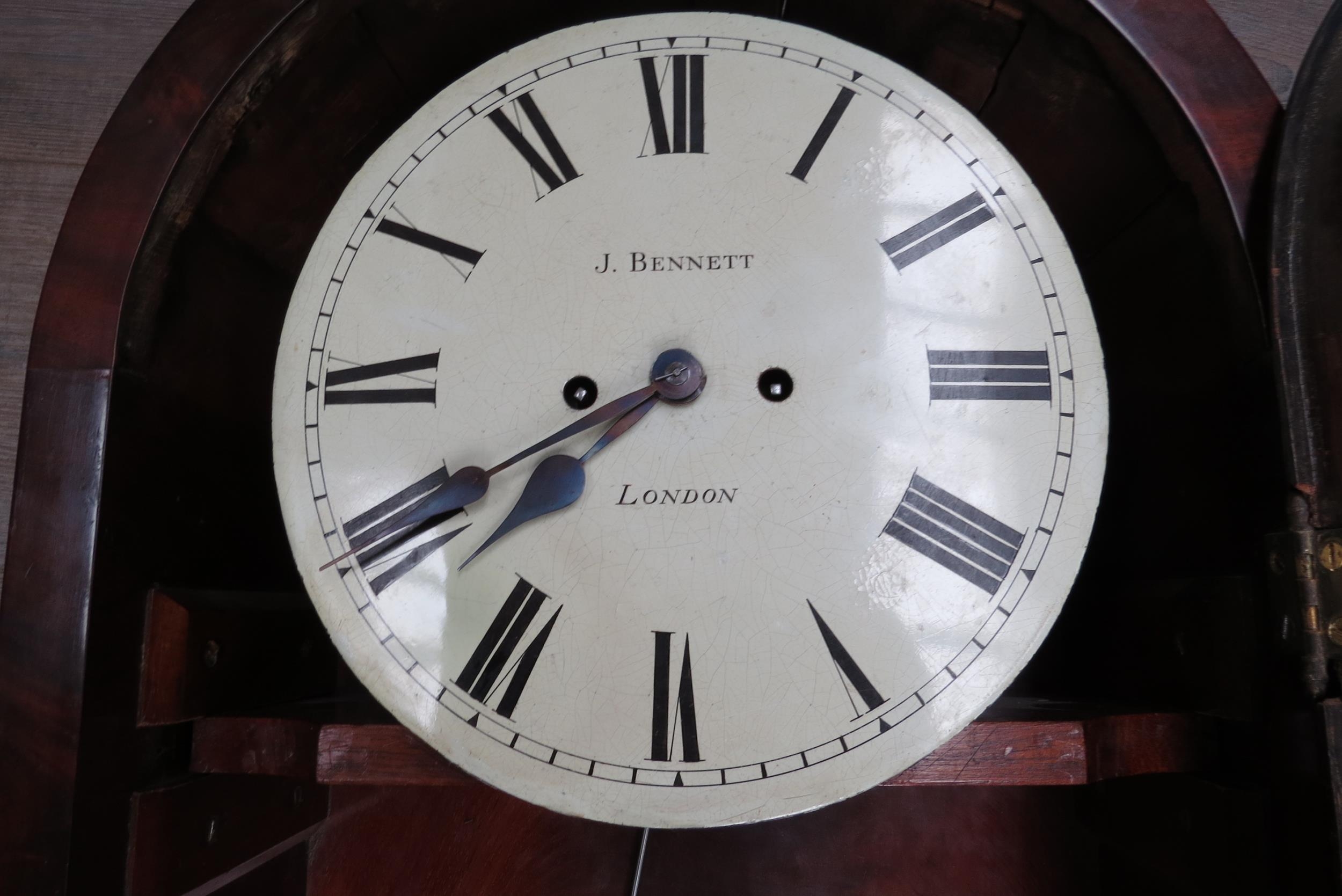 A mid 19th Century flame mahogany and glazed door wall clock, painted metal Roman dial (10" dial) - Image 5 of 8