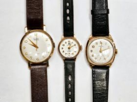 Three 9ct gold cased wristwatches, each on a leather strap. Includes a Gudux 17 Jewel Incabloc, Avia