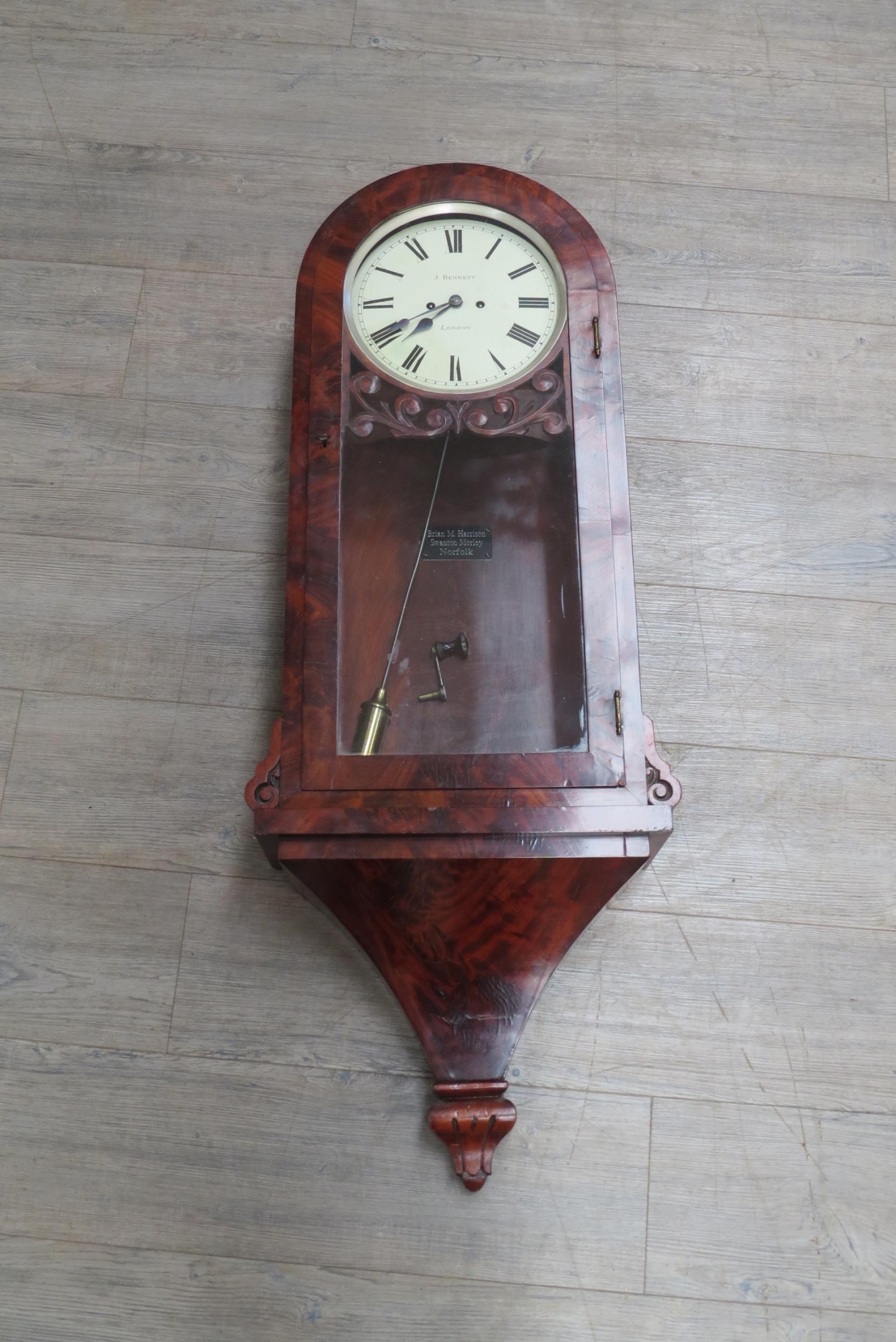 A mid 19th Century flame mahogany and glazed door wall clock, painted metal Roman dial (10" dial) - Image 3 of 8