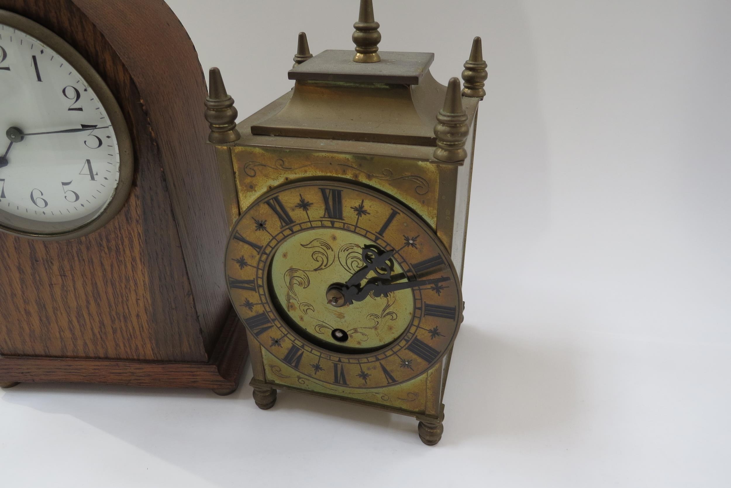 An Edwardian lancet form oak timepiece with a brass cased timepiece (2) - Image 2 of 4
