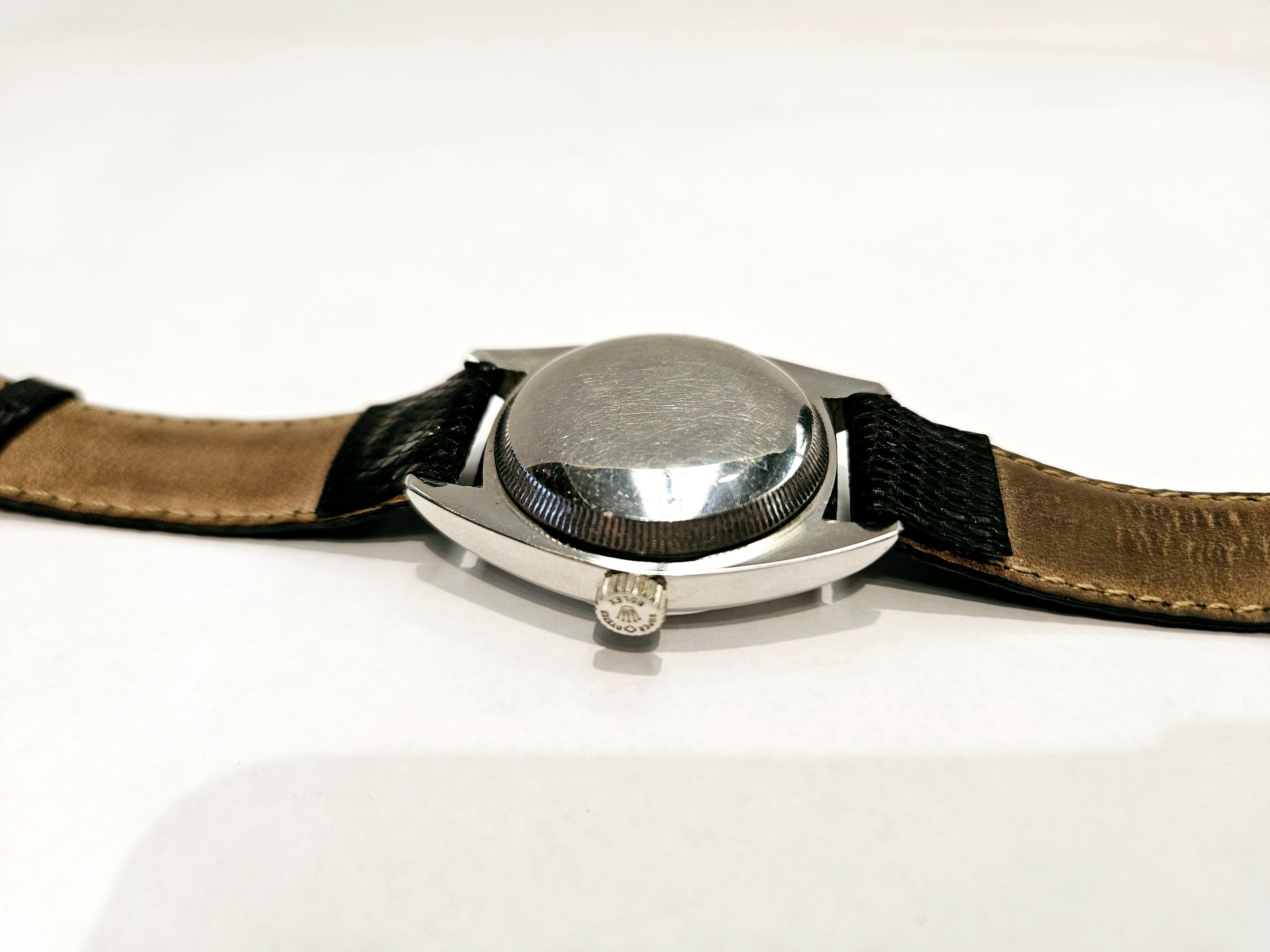 Circa 1950s Rolex Oyster Perpetual with black dial and bubble back, No. 5015, 545383 on leather - Image 5 of 7