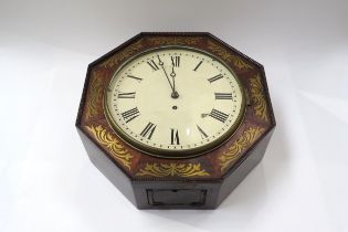 A rose wood and brass inlaid English fusee dial clock of octagonal form with painted Roman dial.