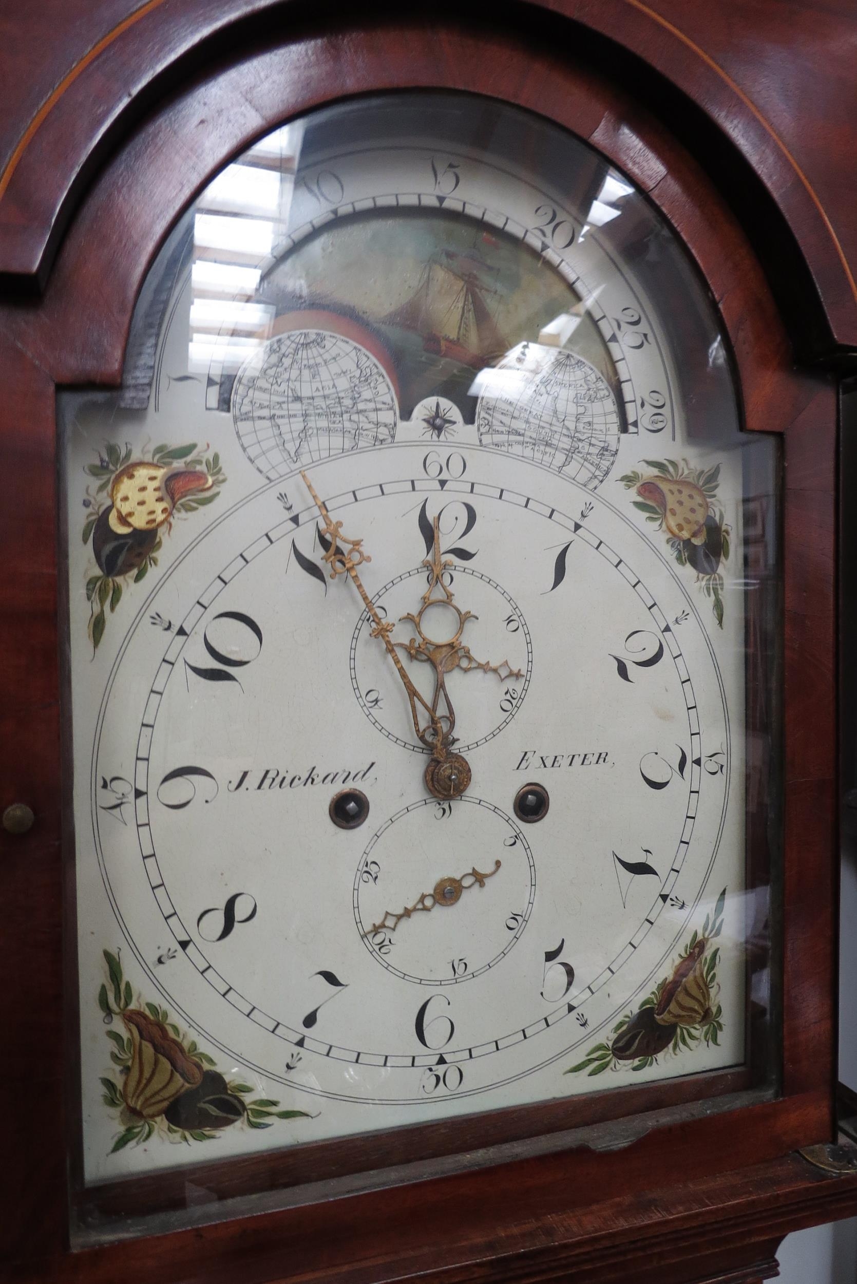 A 19th Century mahogany long case clock, J Rickard, Exeter to face, painted face with arched - Image 7 of 8